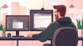A digital illustration of a focused programmer wearing glasses and a hoodie, working on dual monitors. Generative AI