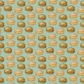 Digital illustration of food seamless pattern: hamburgers, burgers, sandwiches, burgers, chicken, burger on a blue