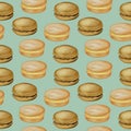 Digital illustration of food seamless pattern: hamburgers, burgers, sandwiches, burgers, chicken, burger on a blue