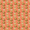 Digital illustration of food seamless pattern: hamburgers, burgers, sandwiches, burgers, chicken, burger on a orange