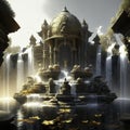 Digital illustration of a fountain in front of a temple in India. AI generated