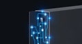 Digital illustration of a futuristic blue circuit board with glowing network pattern and central white light switch on black Royalty Free Stock Photo