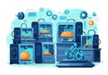A digital illustration of a futuristic 3D printing lab with multiple printers. The machines are Royalty Free Stock Photo