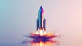 Digital illustration of a futuristic rocket launch with pixelated effects and colorful atmosphere Royalty Free Stock Photo
