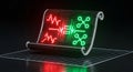 Digital illustration of a futuristic scroll with red and green waveform data visualization on a dark grid background with circuit Royalty Free Stock Photo