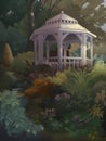 A digital illustration of gazebo in a fantasy garden with colourful flowers and trees scenery Royalty Free Stock Photo