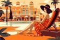 Digital illustration of a girl on vacation in the summer, who is sunbathing by the pool. Bright Generative AI poster. Royalty Free Stock Photo