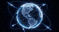 Digital illustration of a globe with interconnected network lines and satellite dishes on dark background representing global Royalty Free Stock Photo