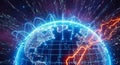 Digital illustration of a globe with network lines and data waves showing downward trend on futuristic dark background Royalty Free Stock Photo