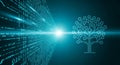 Digital illustration of a glowing binary code tunnel merging with a natural tree against a dark blue futuristic background Royalty Free Stock Photo