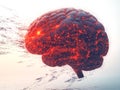 A digital illustration of a glowing futuristic brain with interconnected red neural lines