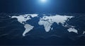 Digital illustration of a glowing interconnected world map with network nodes highlighting global communication and technology Royalty Free Stock Photo