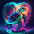 Sea turtle hugging heart Digital illustration of a green turtle in a heart-shaped tunnel. Generative AI animal ai