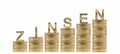 Digital illustration of growing stacks of gold coins with the german word "zinsen" meaning interest