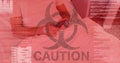 Digital illustration of a hazard sign with a sign Caution with data processing With man in hospital