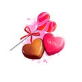 Digital illustration of heart shaped candies. Chocolate and caramel handmade candy. Beautiful design with paint splashes. Happy