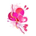 Digital illustration of hearts with cupid`s bow and arrows. Beautiful design with pink paint splashes. Happy Valentines Day