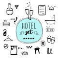 Digital illustration, hotel vector set. Traveling doodle style stuf.