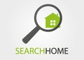 Digital illustration of a house and a magnifying glass with text Search Home``