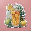 Digital Illustration Of An Ice Tea Glass Full Of Ice Cubes And Lemon Slices, Tropical Fruits Royalty Free Stock Photo
