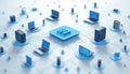 Digital illustration of interconnected devices and data flow. Modern tech design with laptops, servers connected in network. Royalty Free Stock Photo