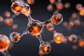 Digital illustration of interconnected glowing molecular structures with orange cores linked by transparent geometric frameworks Royalty Free Stock Photo