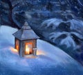 Digital illustration of a lantern in winter standing on a heap of snow.