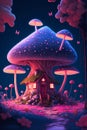 Digital illustration, magic elven house with fairy tale mushrooms and flowers, fairyland wallpaper, printable beautiful painting. Royalty Free Stock Photo