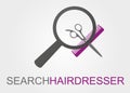 Digital illustration of a magnifying glass, a comb and scissors with text Search Hairdresser``