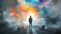 In a digital illustration, a man with a brush and paint buckets is positioned in front of a colorful cloud. Royalty Free Stock Photo