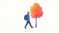 In a digital illustration, a man carrying a backpack is depicted walking near a tree as the sun sets Royalty Free Stock Photo