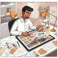 A digital illustration of a man at a desk, reviewing architectural designs and interior
