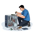 A digital illustration of a man kneeling and working on an open desktop computer. He is using a Royalty Free Stock Photo