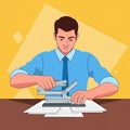 A digital illustration of a man in a light blue shirt and tie, energetically using a stapler Royalty Free Stock Photo