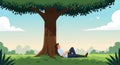 A digital illustration of a man relaxing under a large leafy tree, sitting against its thick Royalty Free Stock Photo