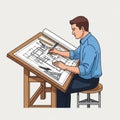 A digital illustration of a man working at a drafting table. He is seated on a stool, wearing a Royalty Free Stock Photo