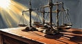 Scales of justice on wooden table with golden gradient background and soft shadows creating serene legal symbolism Royalty Free Stock Photo