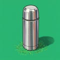 A digital illustration of a metallic thermos standing upright on a patch of grass. The Royalty Free Stock Photo