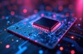Digital illustration modern microchip detail with glowing lights. Tech concept processors, computer, information technology, Royalty Free Stock Photo