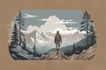 Digital Illustration Of A Mountain Climber, Mountain Top And Forest At Background