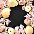 Digital illustration - The natural frame from flower, apple and mango.