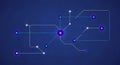 Digital illustration of a network of interconnected white lines and purple dots on dark blue background with symmetrical pattern Royalty Free Stock Photo