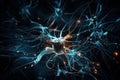 Digital illustration of neuron in colour background. 3D rendering, electric energy flowing through Neurons cells, AI Generated