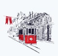 Digital illustration of the nostalgic red tram in Istiklal Avenue, Istanbul