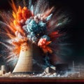 Nuclear power plant with smoke and fire. 3d illustration., generative ai