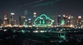A digital illustration overlays a night cityscape, depicting a cloud computing concept. Royalty Free Stock Photo
