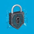 A digital illustration of a padlock with a metallic shackle and a black, circuit-patterned Royalty Free Stock Photo