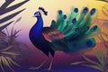 A surreal digital illustration of a peacock with holographic feathers.