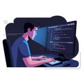 A digital illustration of a person at a computer, focused on coding. The screen displays colorful Royalty Free Stock Photo