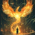 A digital illustration of a person standing before a majestic, fiery phoenix with wings spread, rendered in vibrant hues on a